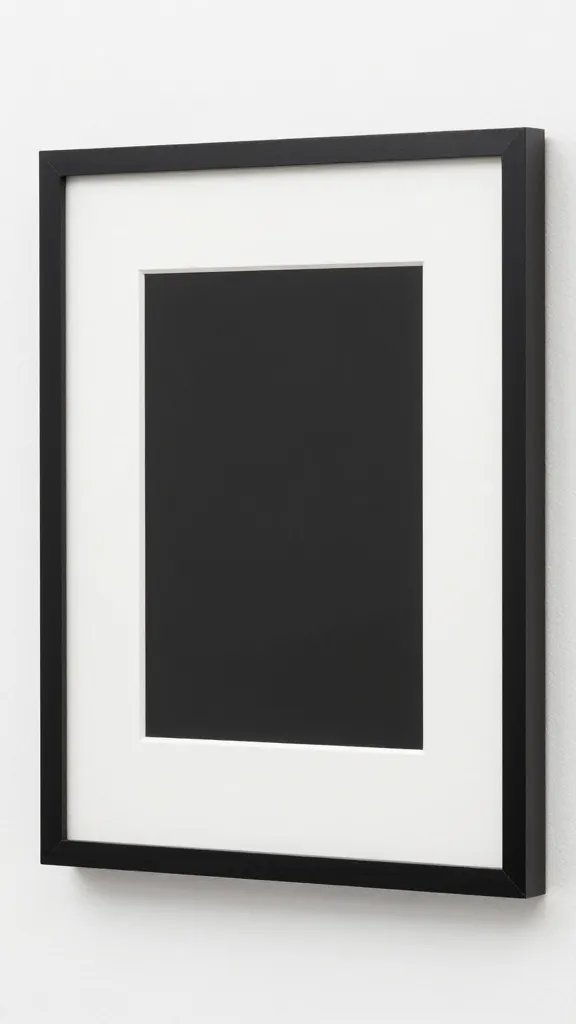 closeup of a single black-framed art print on a white wall