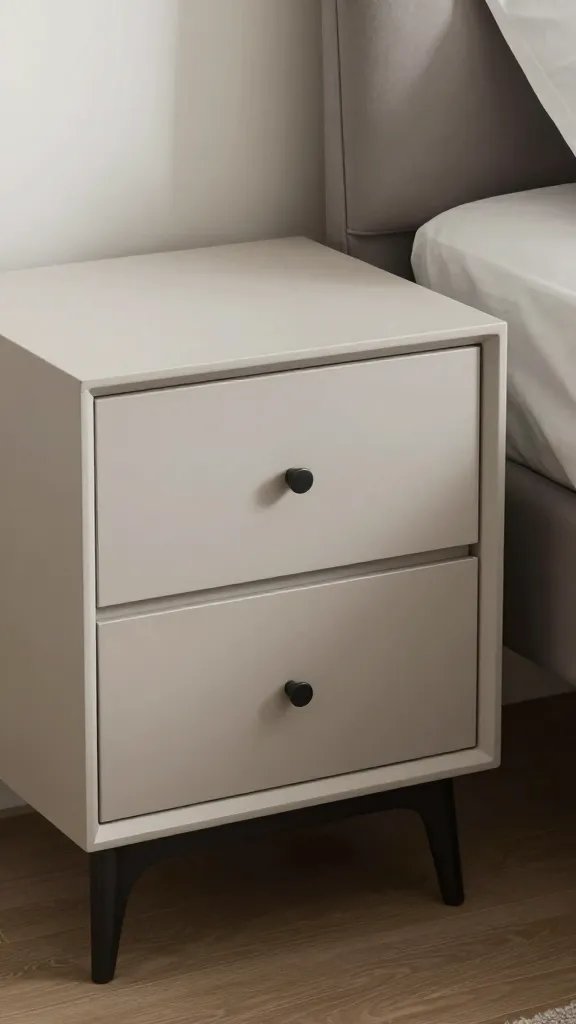 Closeup of a slim, two-drawer nightstand beside a bed