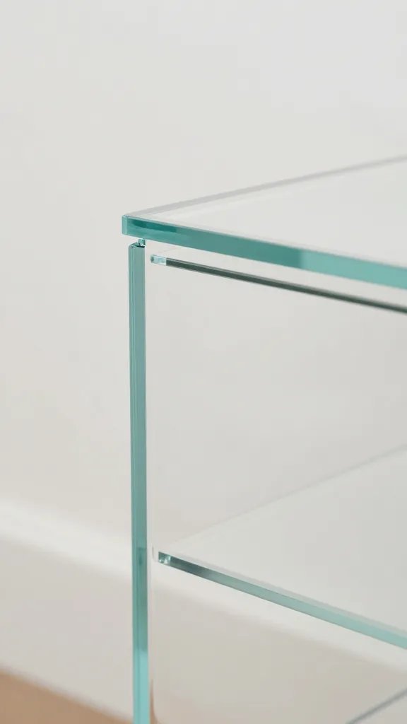 Closeup of glass/clear acrylic nightstand edge in small room