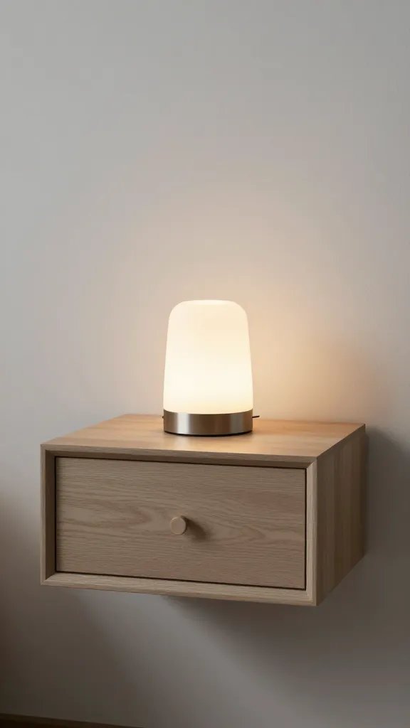 Closeup of a floating wall-mounted nightstand with a small lamp