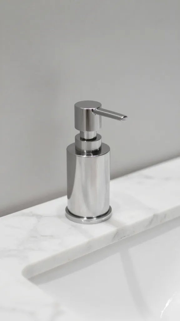 Closeup of a single minimalist soap dispenser on a marble bathroom counter