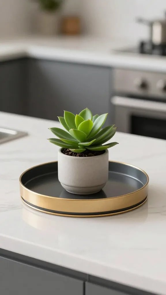 Focused shot of a single decorative tray with one plant on a tidy counter