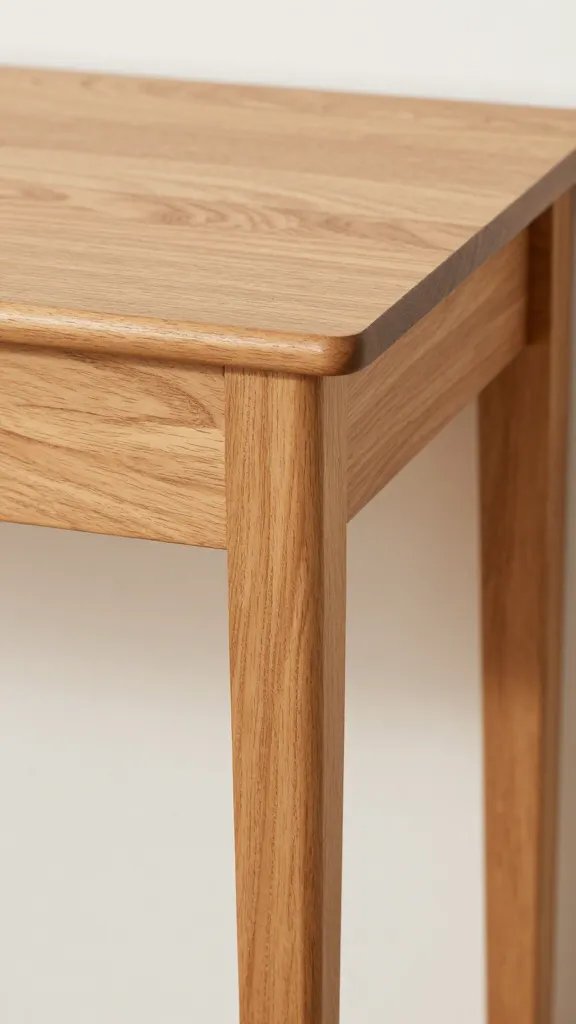Closeup of a small wooden entry table corner