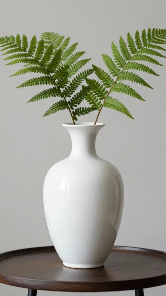 Closeup white ceramic vase with single fern on entry table