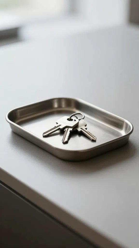 Focused shot of minimalist metal tray holding keys on entry table
