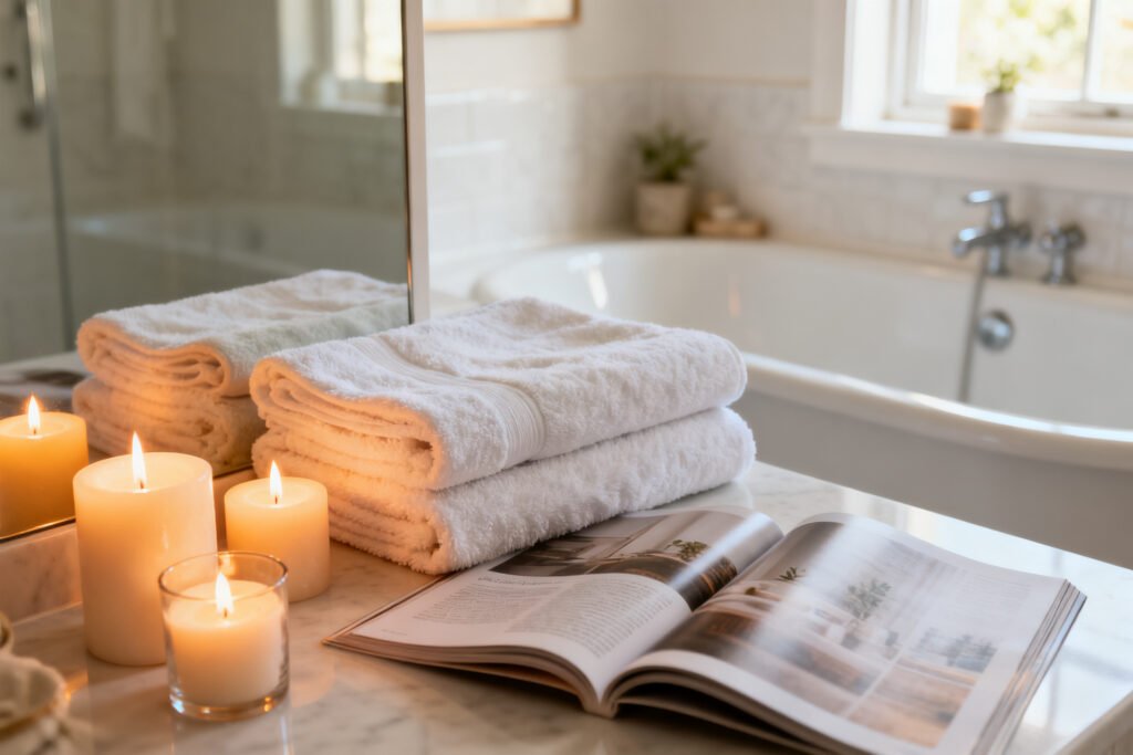 a serene spa-like budget bathroom with candles and towels in a bright room