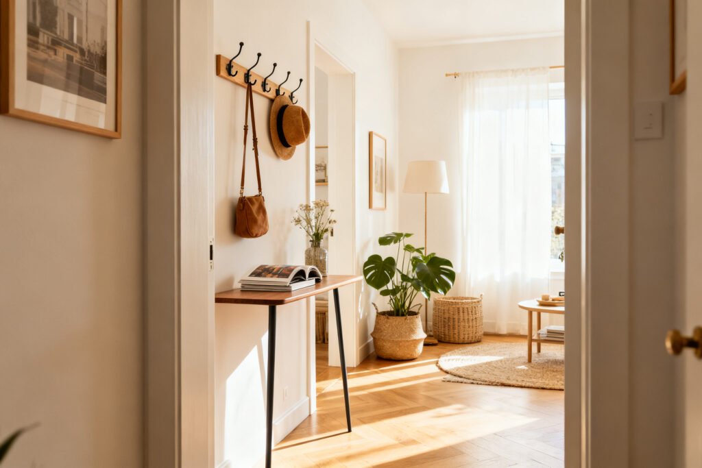 a styled small apartment entryway with hooks and a slim table in a bright room