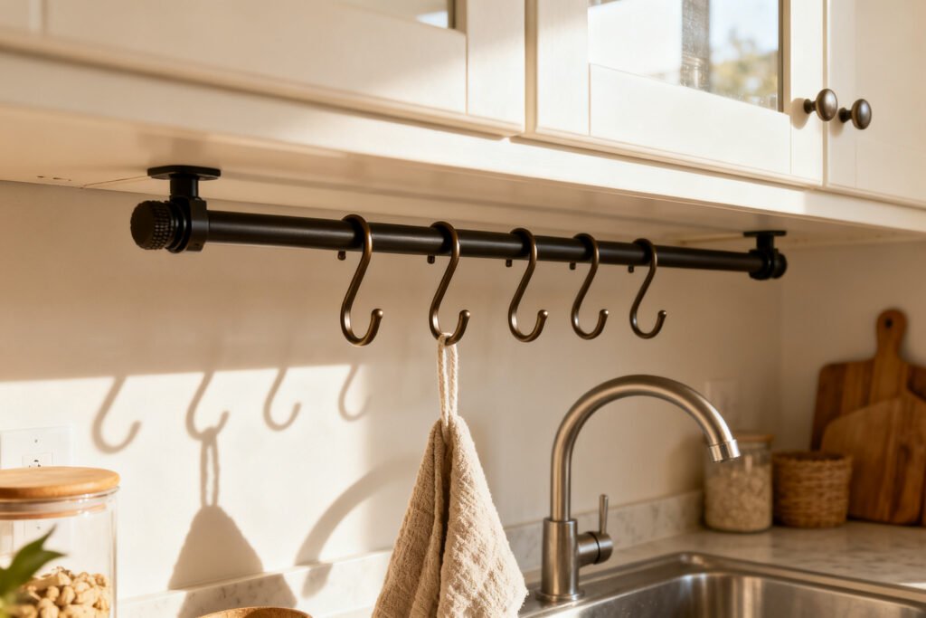 Kitchen under-sink area with tension rod and hooks