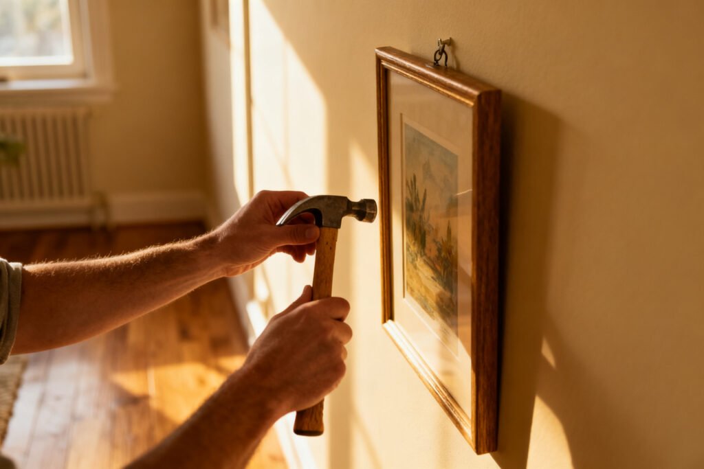 Hanging a framed picture on the wall while building a gallery wall