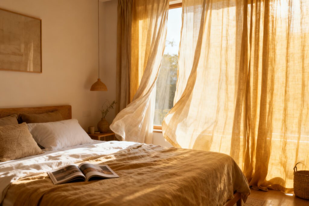 Light linen curtains diffusing daylight in a bedroom