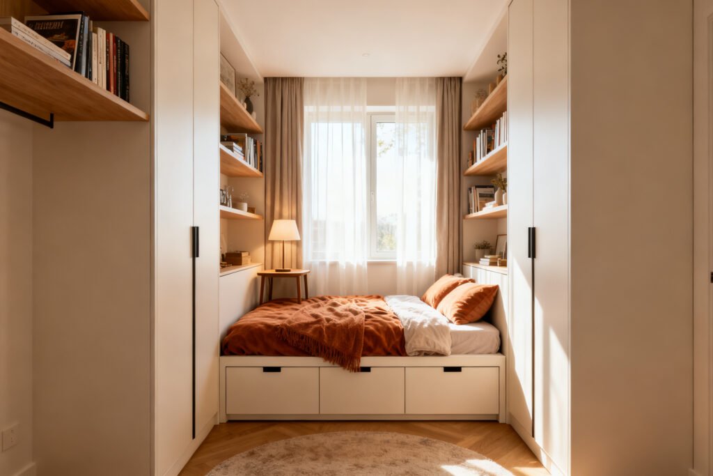 Vertical storage in a small bedroom