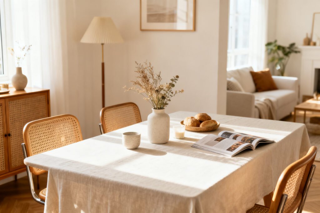 an everyday styled dining table with simple decor in a bright room