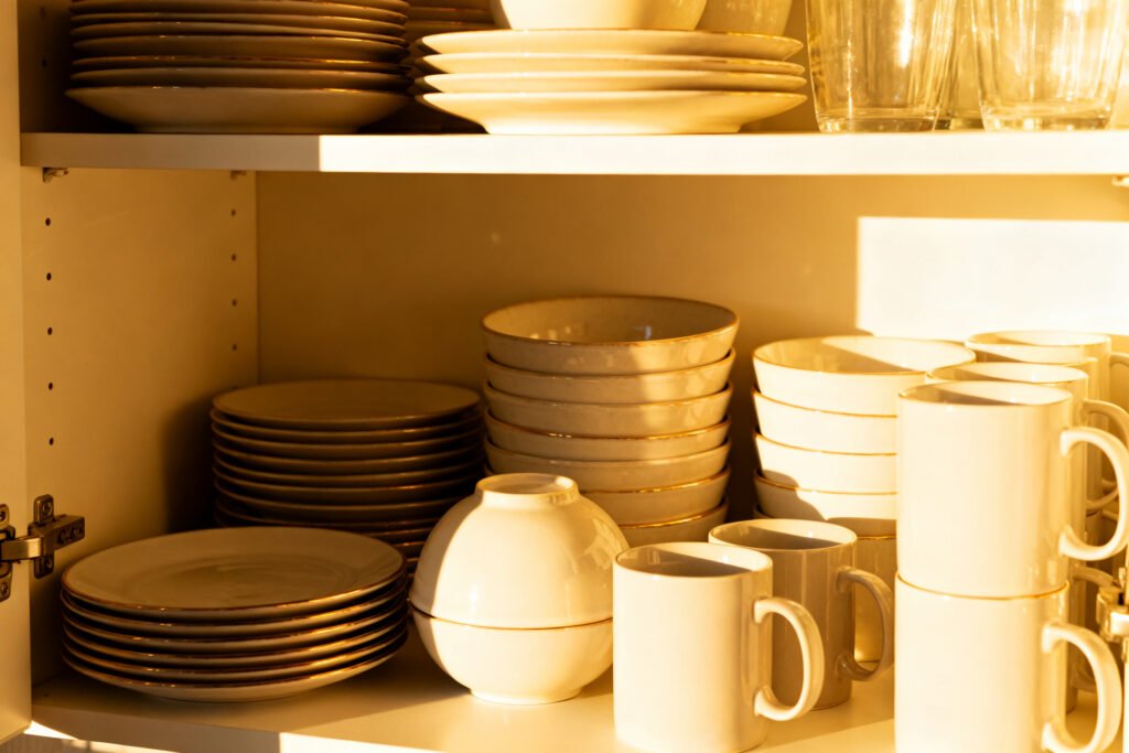 Detail of an organized kitchen cabinet interior with tidy dishes
