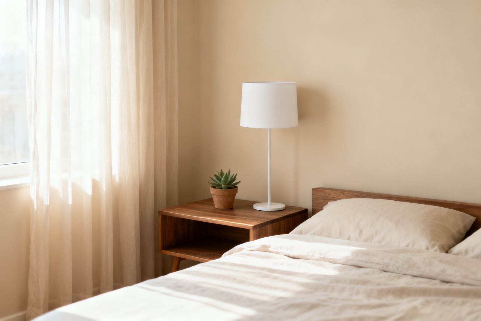 Serene, uncluttered bedroom corner