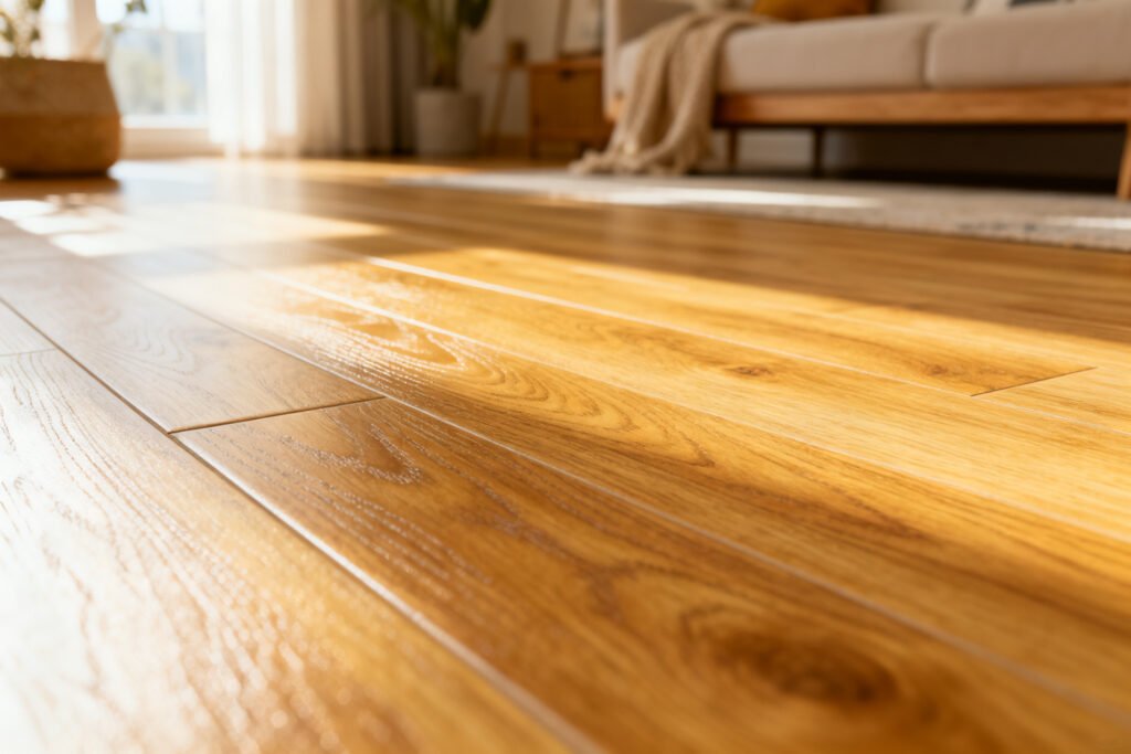 Detail of peel-and-stick removable vinyl flooring in a bright room