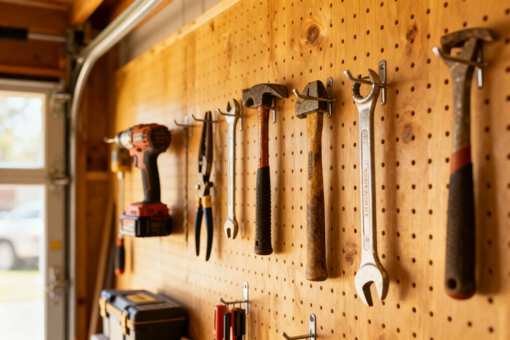 Pegboard wall holding tools in a garage