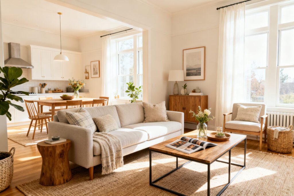 A styled view of a bright light-filled living room that feels airy