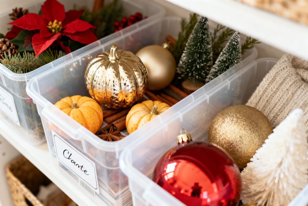 Detail of seasonal decor neatly stored in labeled bins