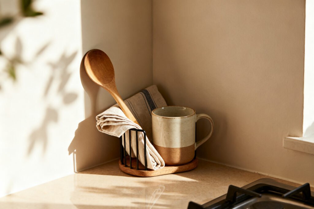 Corner caddy with kitchen essentials