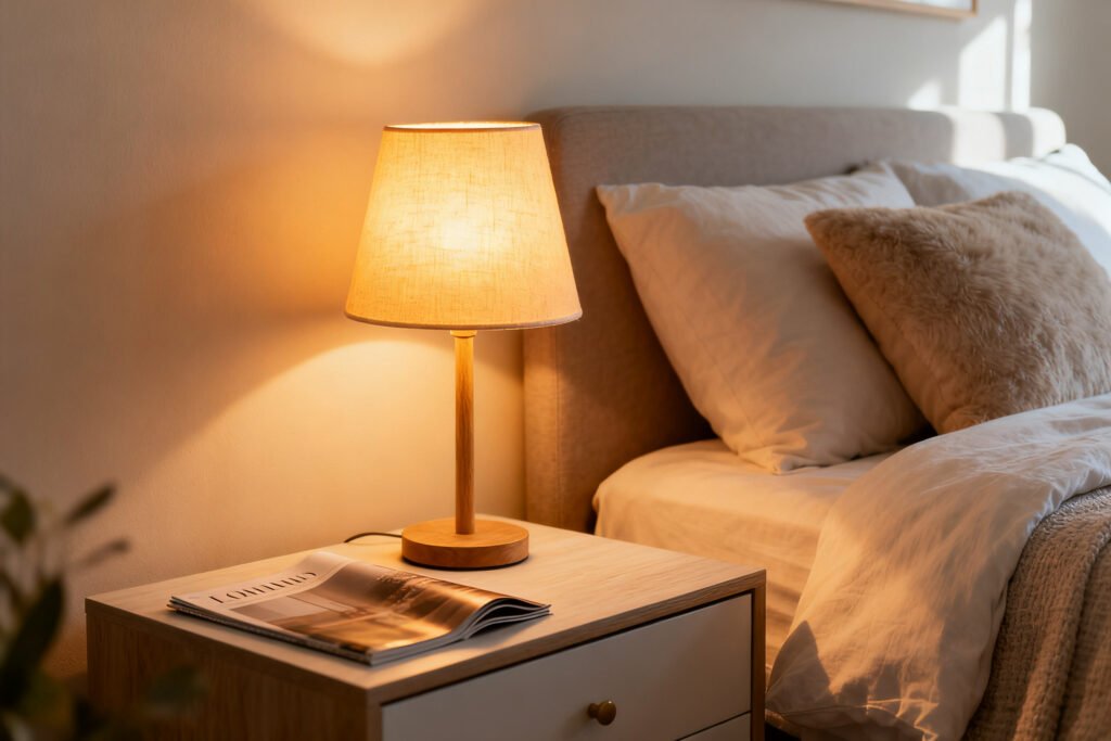 Warm glowing lamp on a bedroom nightstand