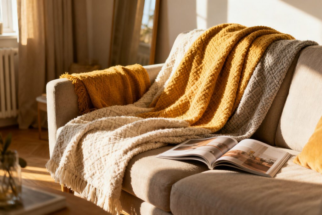Textured throws warming a room
