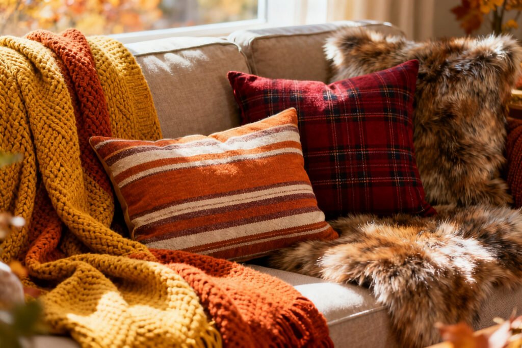 Autumn throws and pillows on a couch