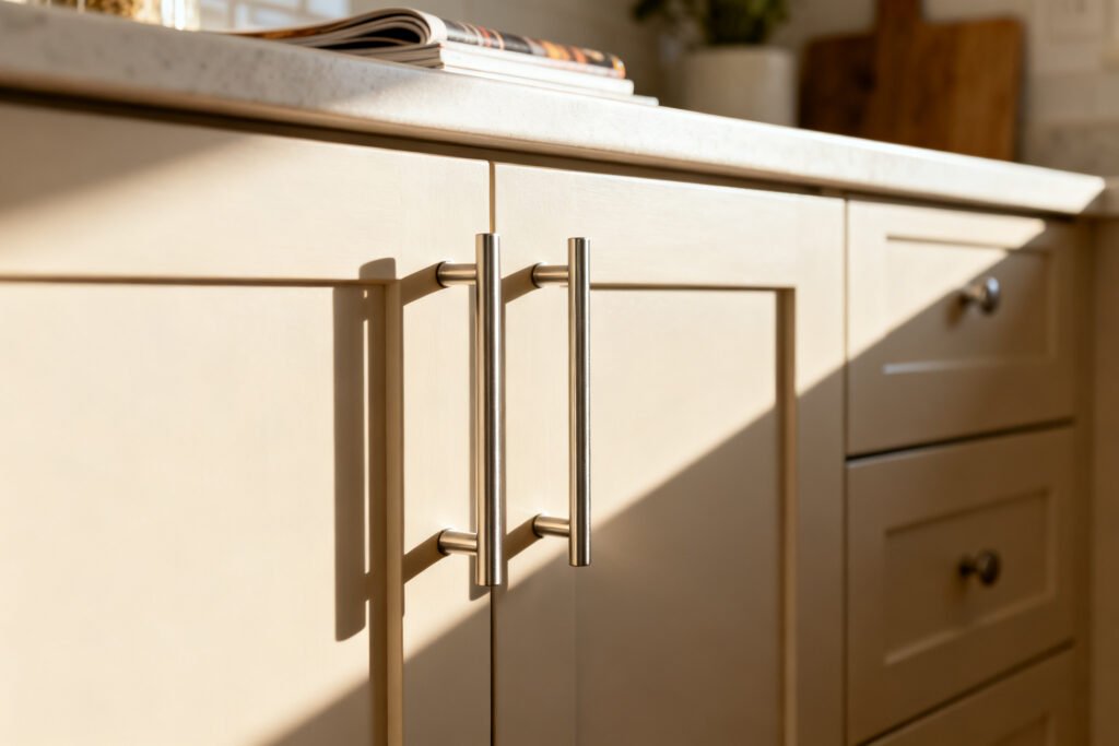 Detail of updated budget kitchen cabinets with new hardware