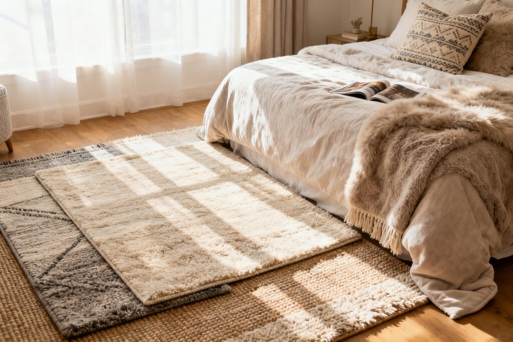 Layered rugs beside a bed