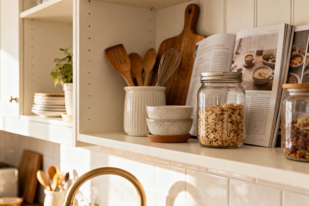 Close-up of a styled shelf