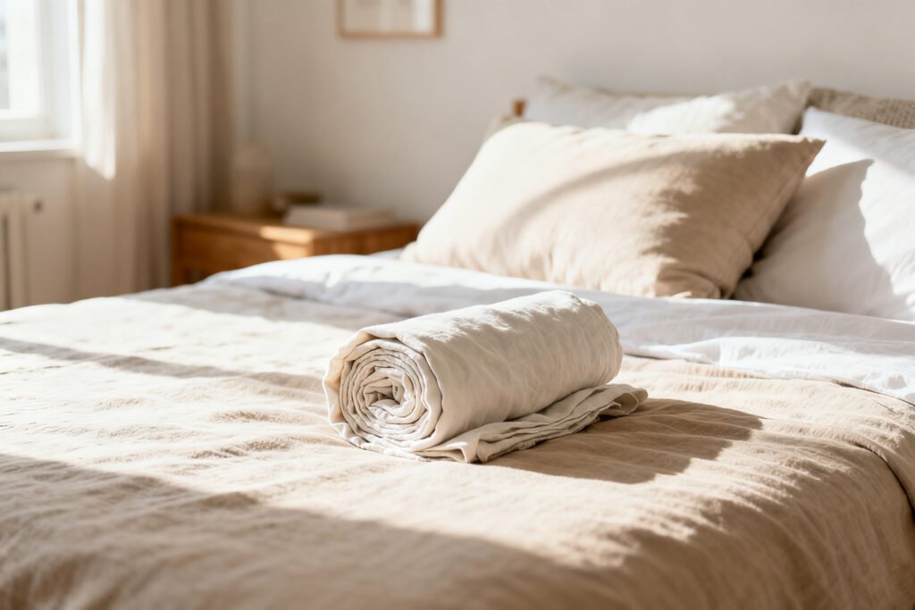 Freshly made bed in a clean bright bedroom