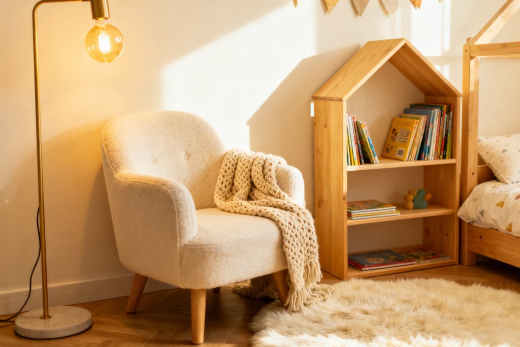 Cozy reading nook in a kids bedroom