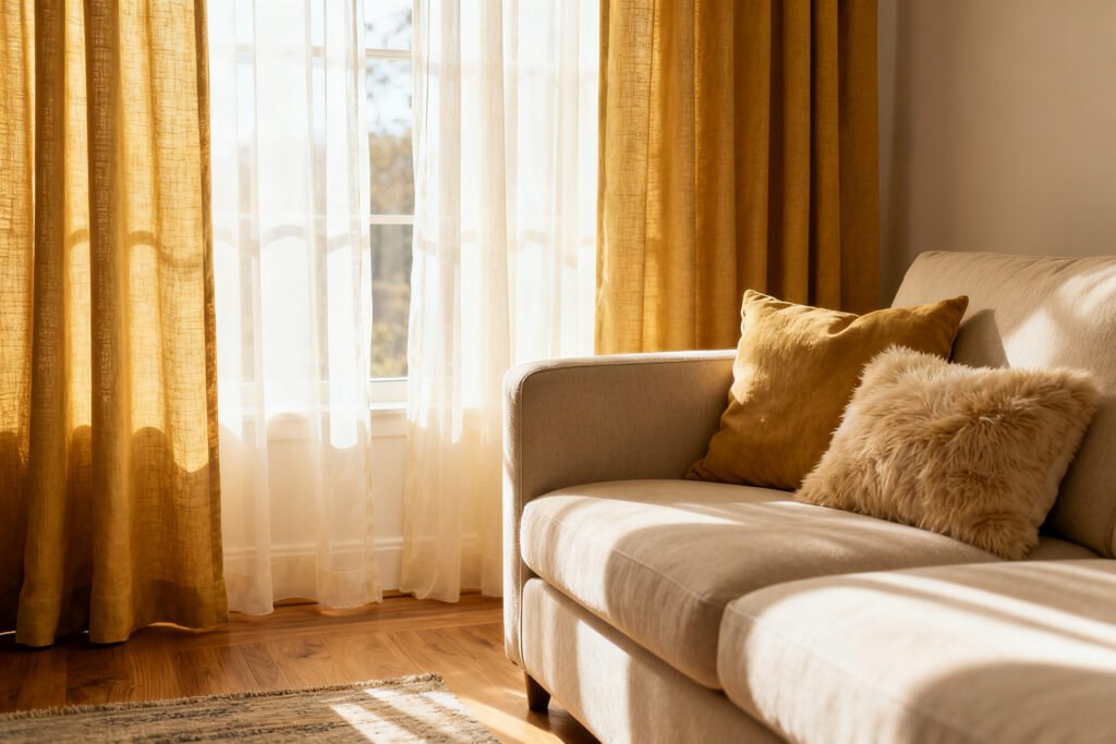 Layered sheer and solid curtains in a cozy room