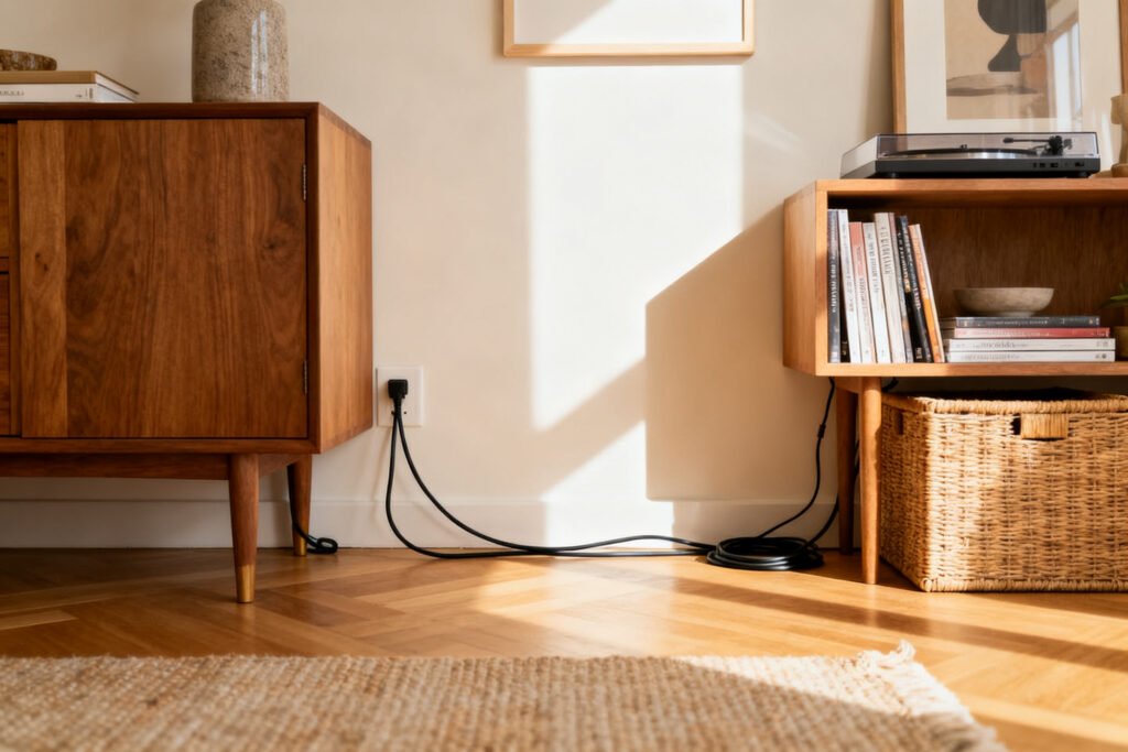 Cords hidden behind furniture