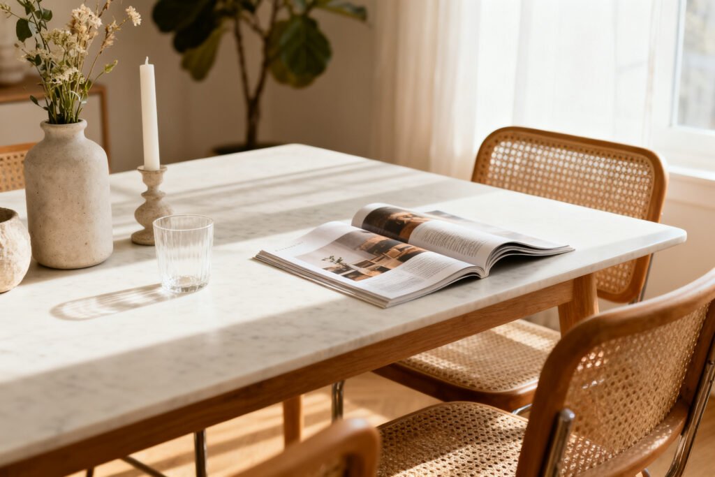 Detail of an everyday styled dining table with simple decor