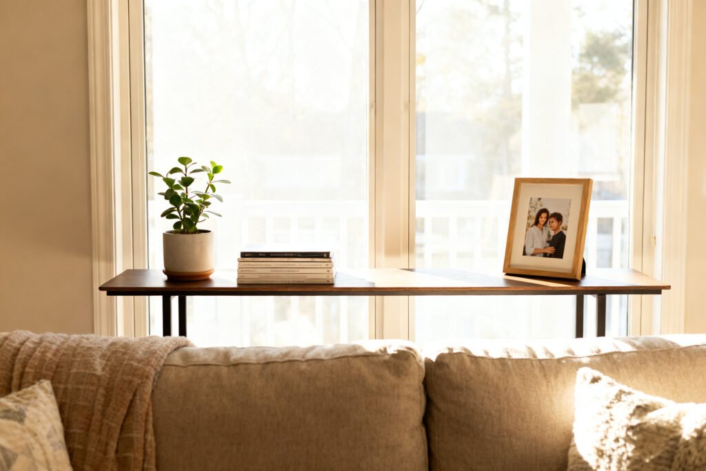 A console vignette behind a couch