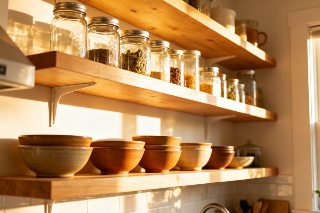 Open shelving with jars and bowls