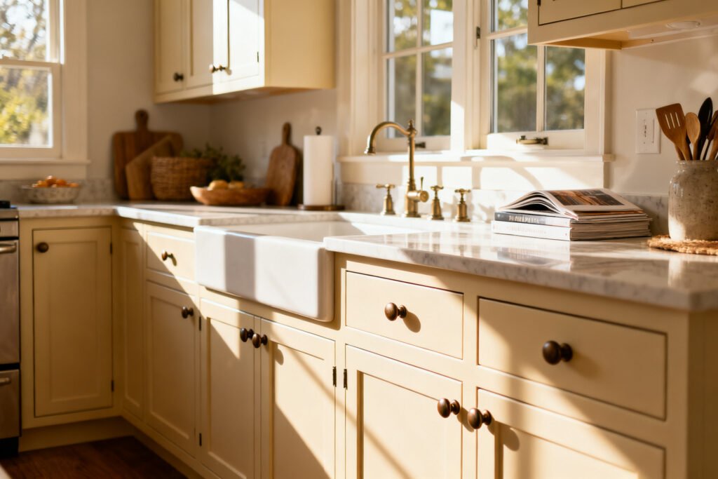 updated budget kitchen cabinets with new hardware in a bright room