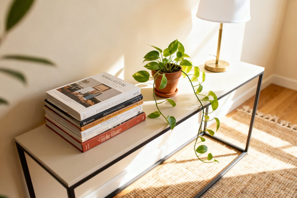 A console styled with books and a plant