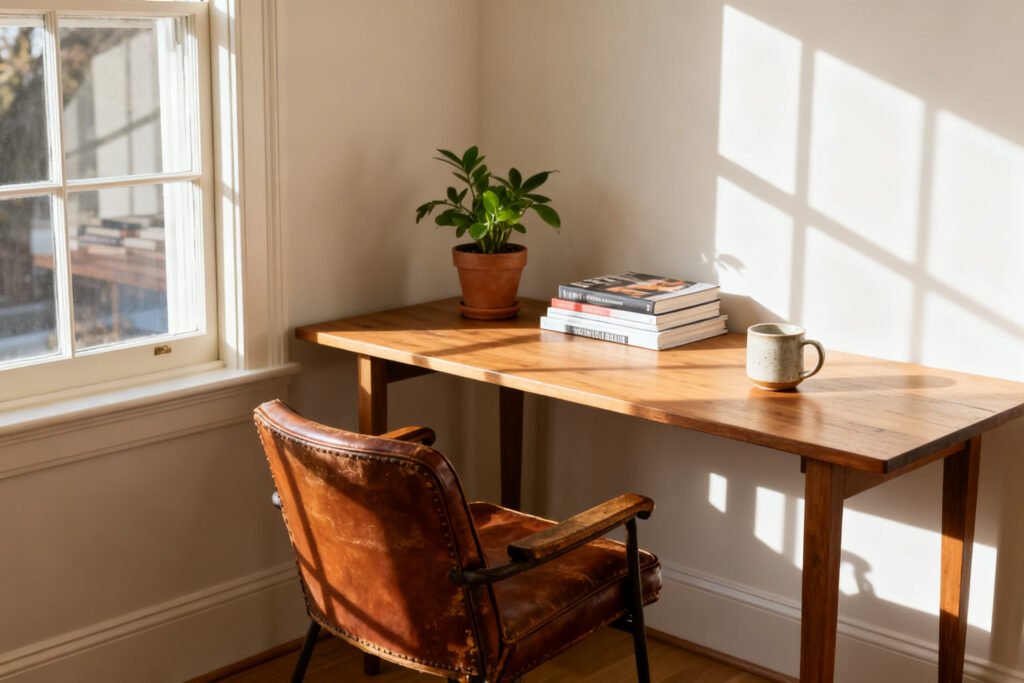 Corner desk setup by a window