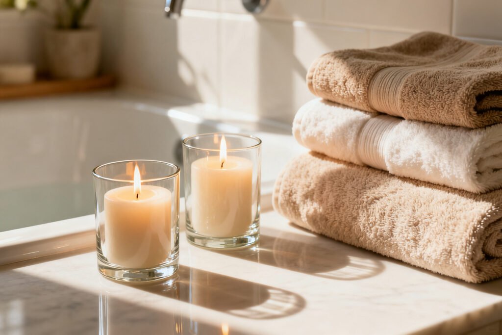 Detail of a serene spa-like budget bathroom with candles and towels