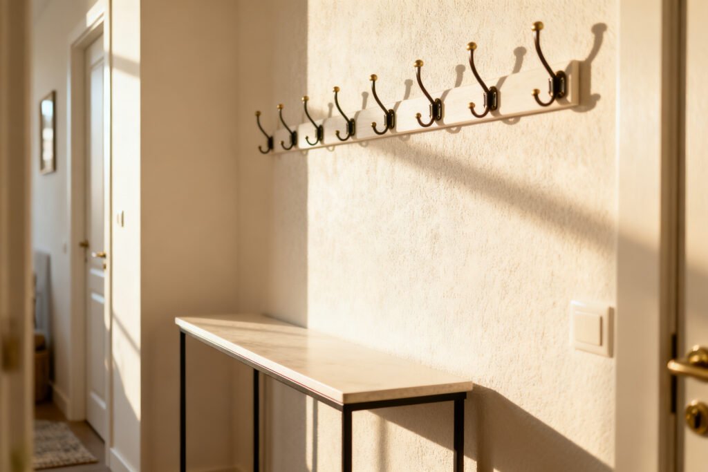 Detail of a styled small apartment entryway with hooks and a slim table