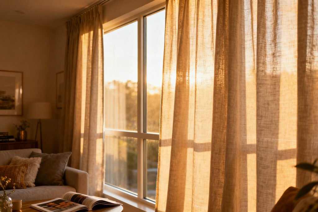 Curtains hung high and wide above a window