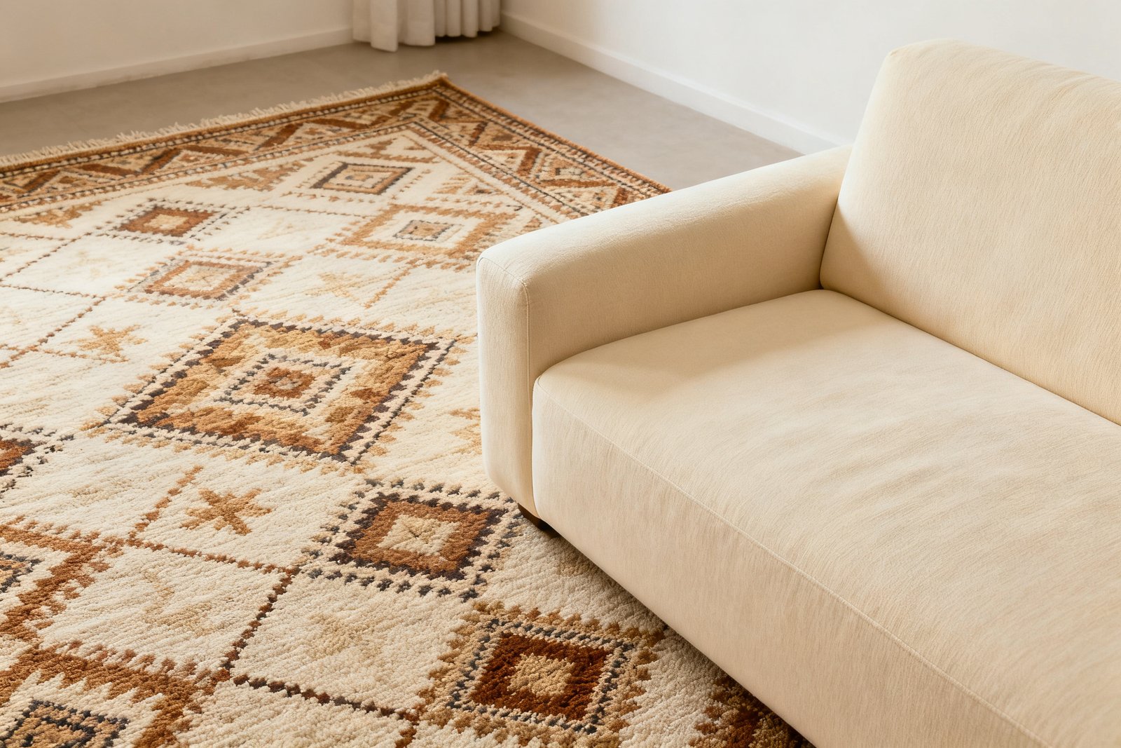 Patterned rug paired with solid furniture