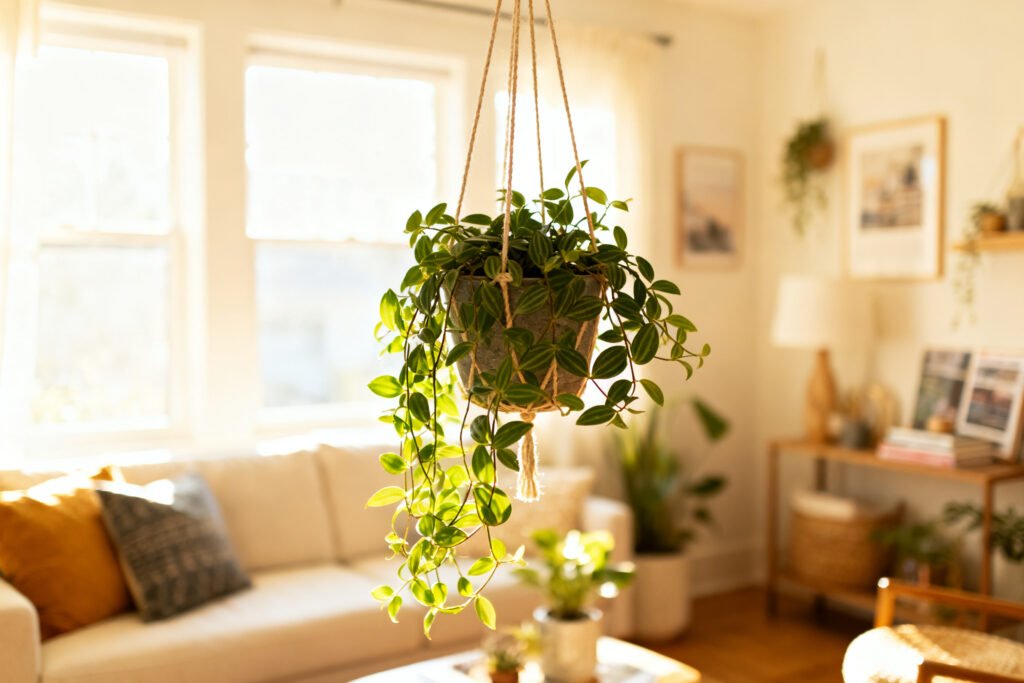 A hanging plant in a bright room