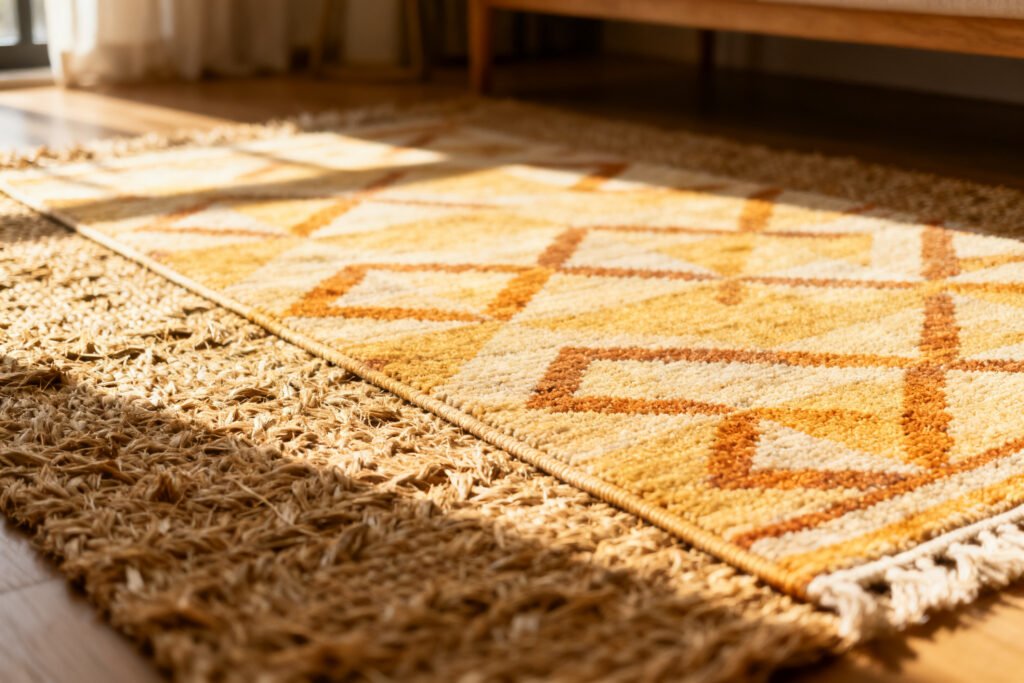 Patterned rug layered over jute