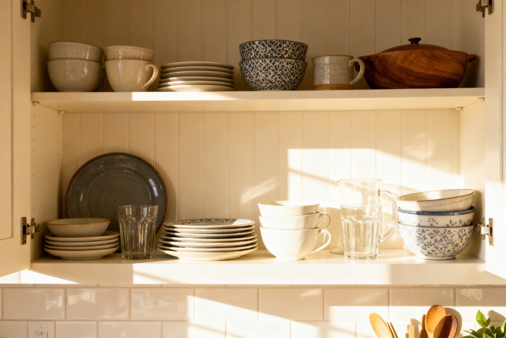 an organized kitchen cabinet interior with tidy dishes in a bright room