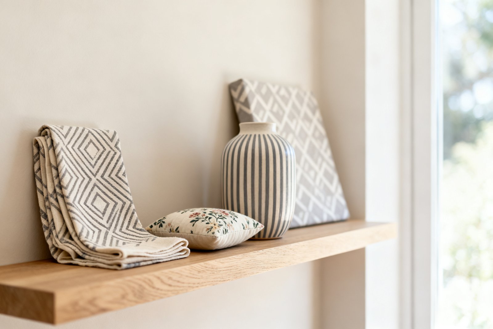 Shelf styled with mixed-pattern accents