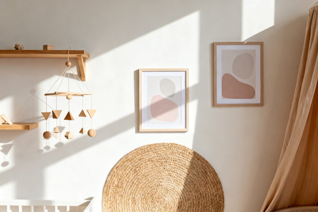 Minimalist nursery wall with simple art and a mobile