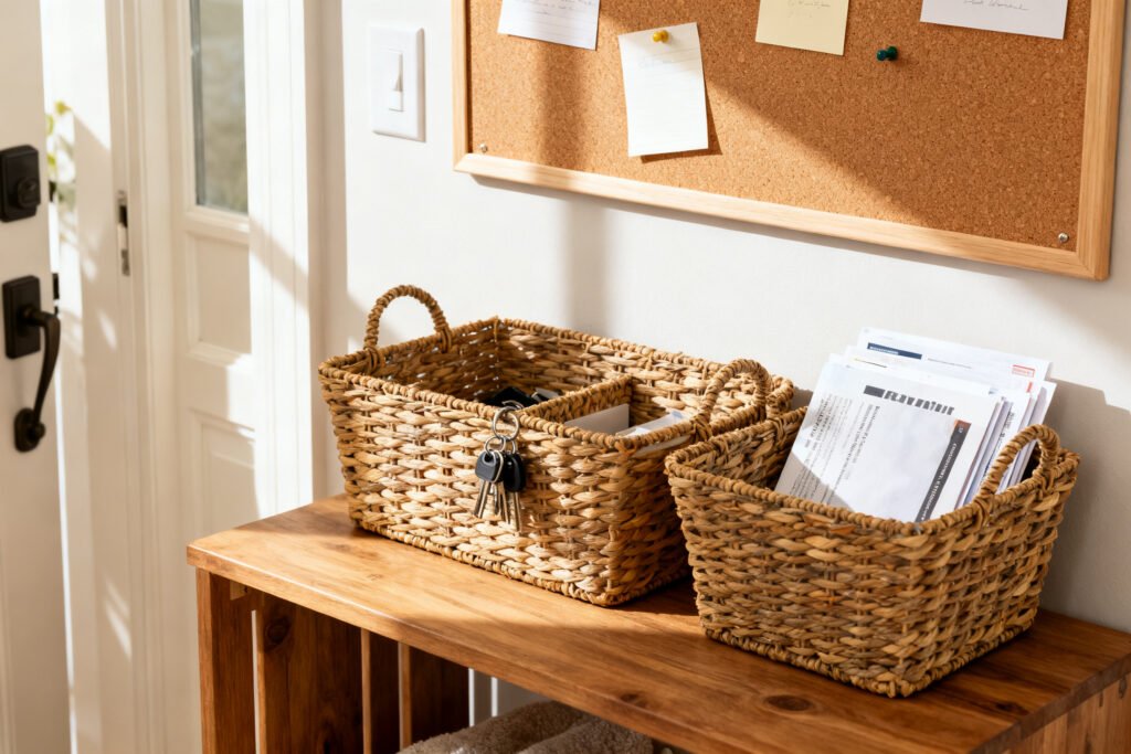 Entryway command center with baskets and a bulletin board
