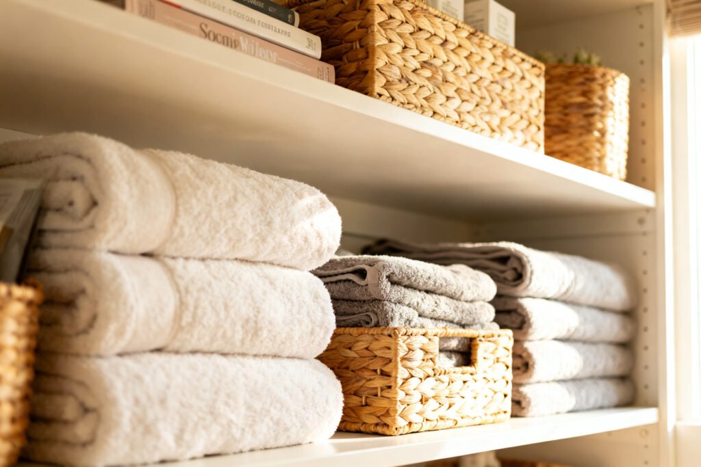 A styled view of a neatly organized linen closet with folded towels and baskets
